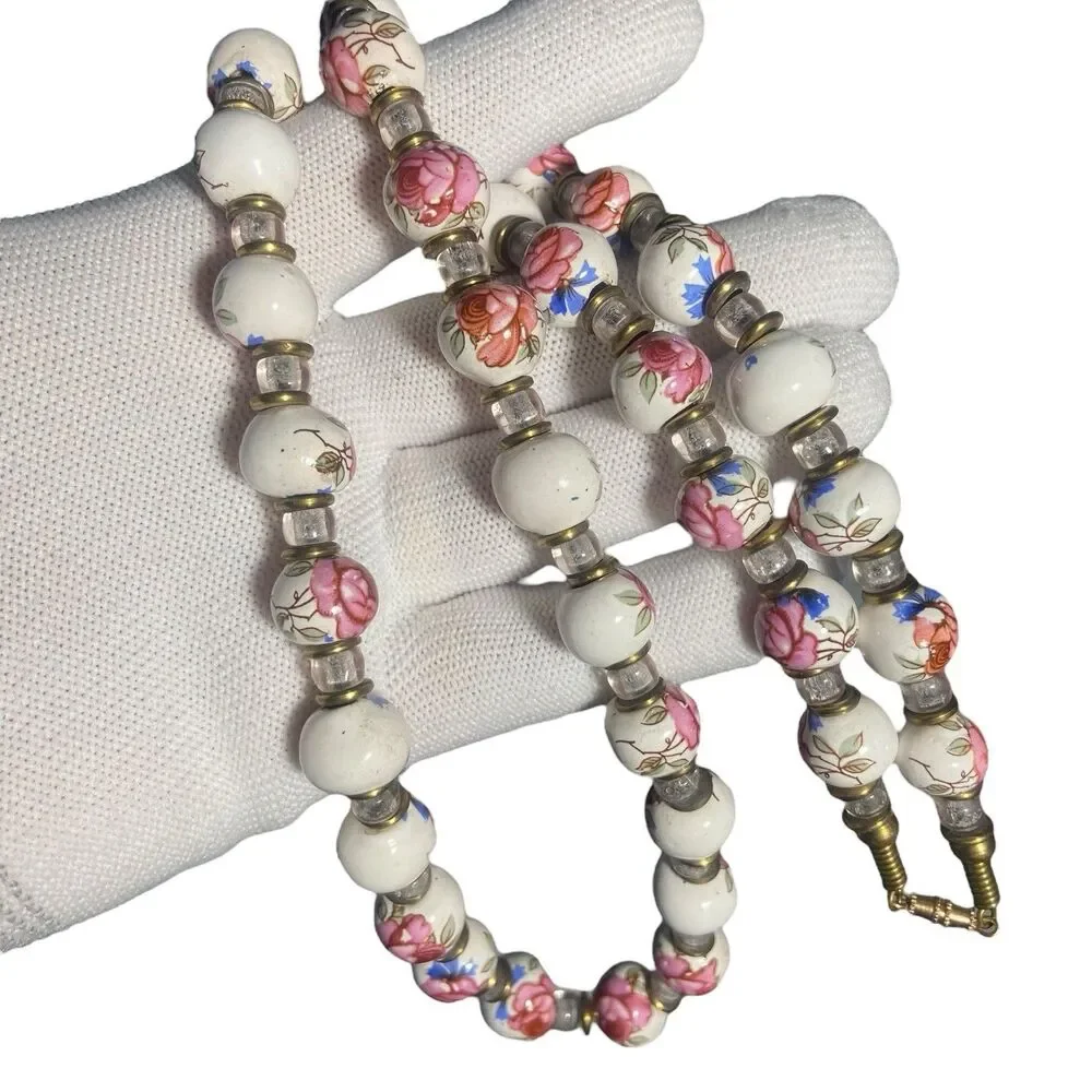 Vintage Chinese Hand Painted Porcelain Flower Beaded Necklace Pink Rose On White